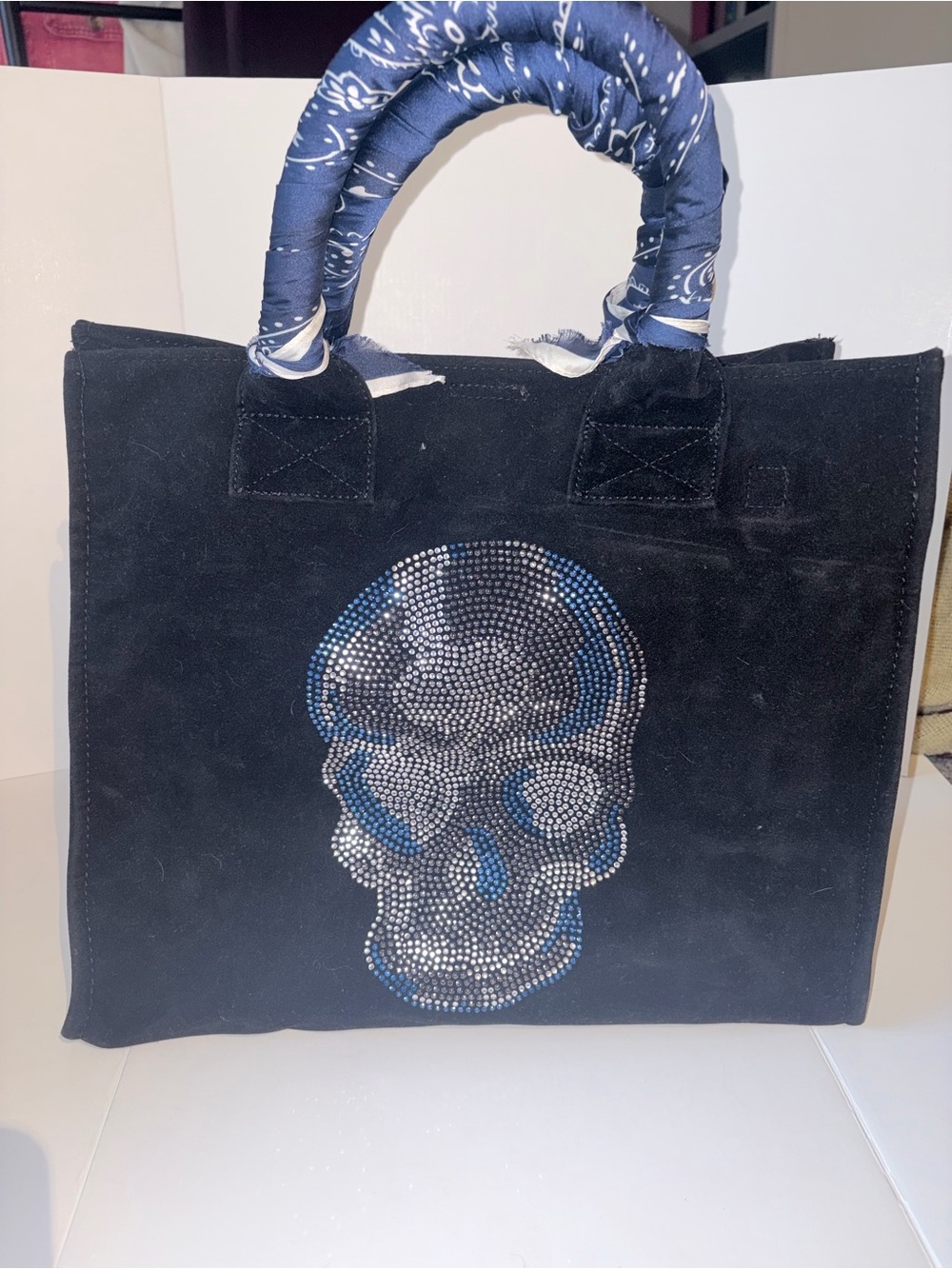 Black Crystal Skull Tote with Blue-Trim Handles